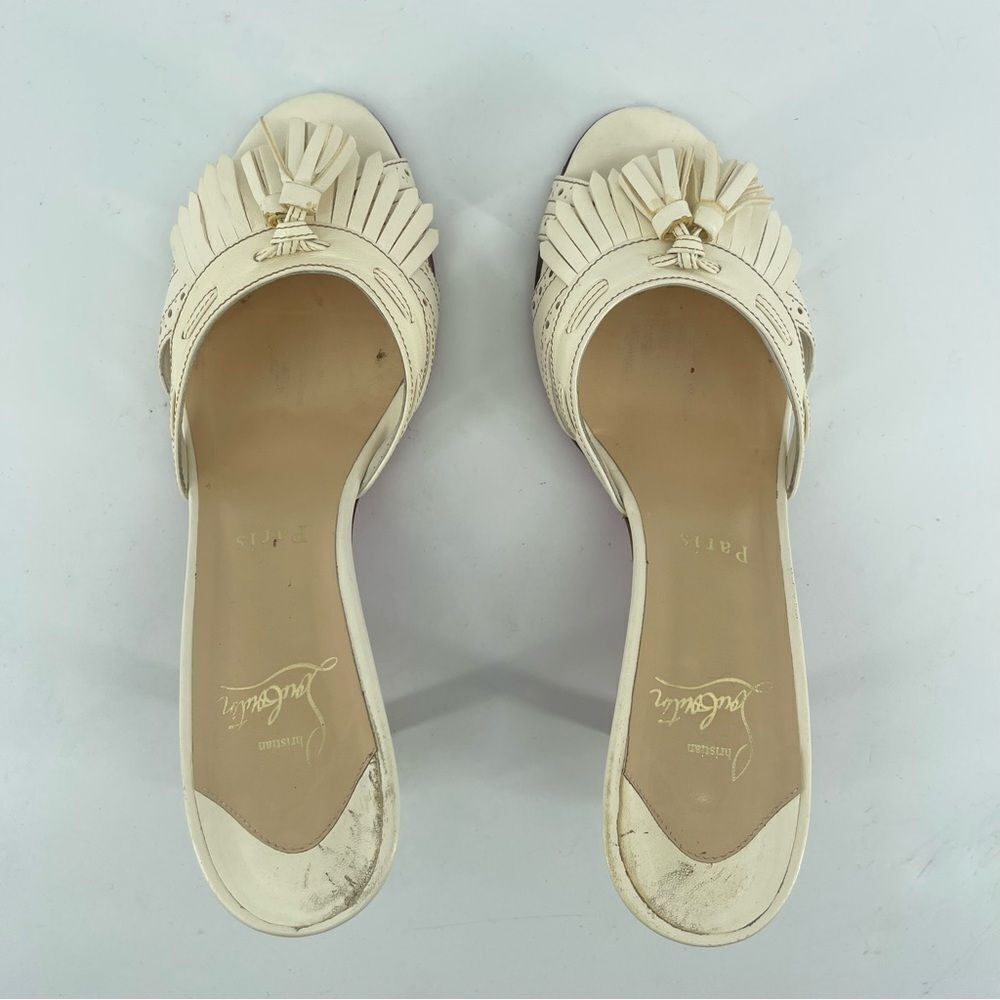 Christian Louboutin Fringe Peep Toe Mule Sandals Cream Leather EU 37.5 Heels - Picture 4 of 16